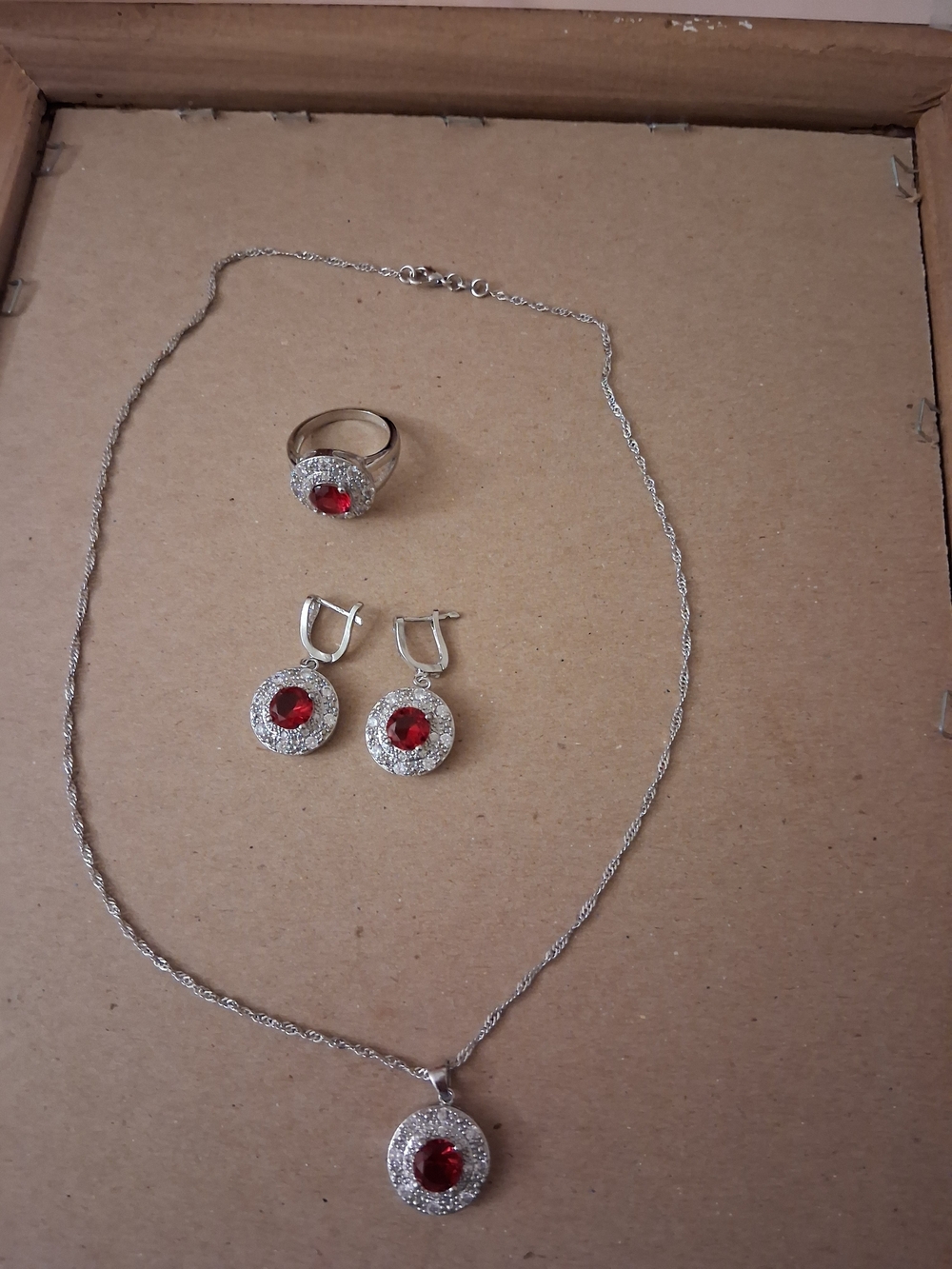Red Crystal Pendant Necklace, Drop Earrings & Ring Set - Silver Tone